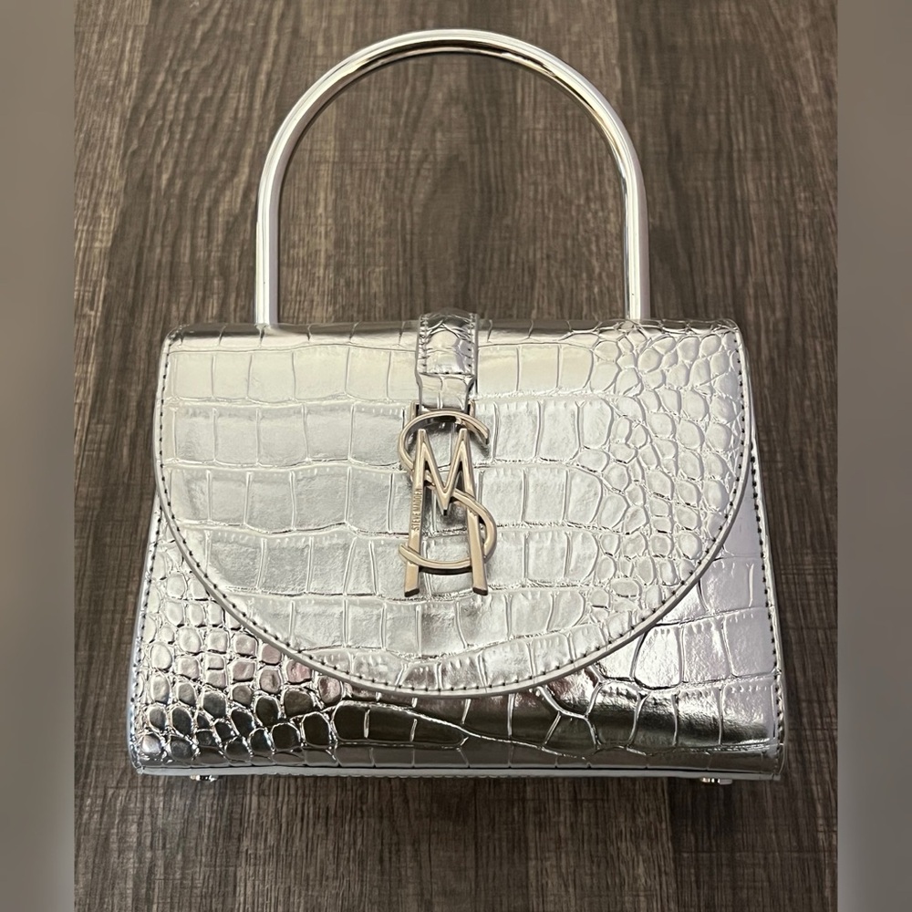 Steve Madden Women's Beilish Croc-Embossed Shoulder Bag Silver Color